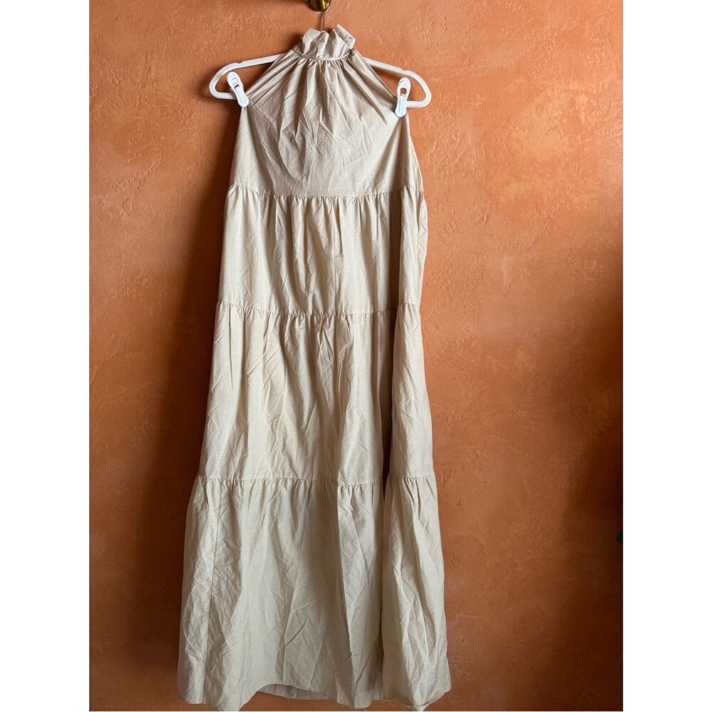 Theory Cotton Blend Halter Tiered Maxi Dress Cream Size M